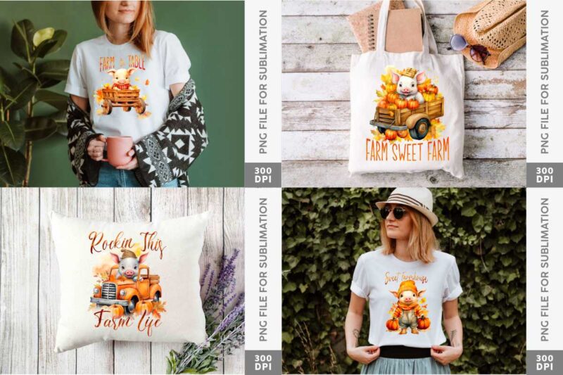 Cute Fall Pig Sublimation Designs, Pumpkins Farm PNG Bundle