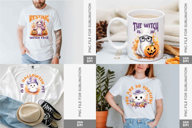 Cute Fall Halloween Ghost Sublimation Designs Bundle, Halloween T-shirt Designs Sublimation Watercolor Bundle, Cute Ghost Png Collection