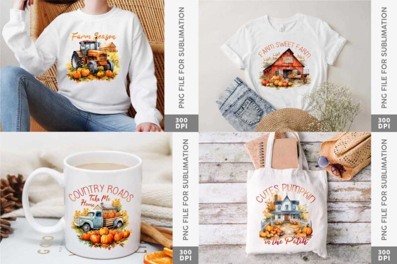 Fall on the Farm Sublimation Designs PNG Bundle, Fall Farmhouse T-shirt Designs PNG Bundle