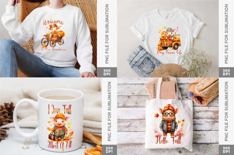 Cute Fall Pig Sublimation Designs, Pumpkins Farm PNG Bundle