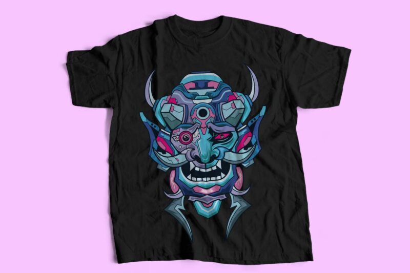 Oni Mask Mecha Japan Culture Vector T-shirt Designs Bundle, Hannya Mask Robot Artwork illustration t shirt design for commercial use