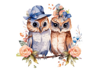 Cute Couple Owl with flower Watercolor Clipart t shirt vector file