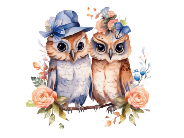 Cute couple owl with flower watercolor clipart t shirt vector file