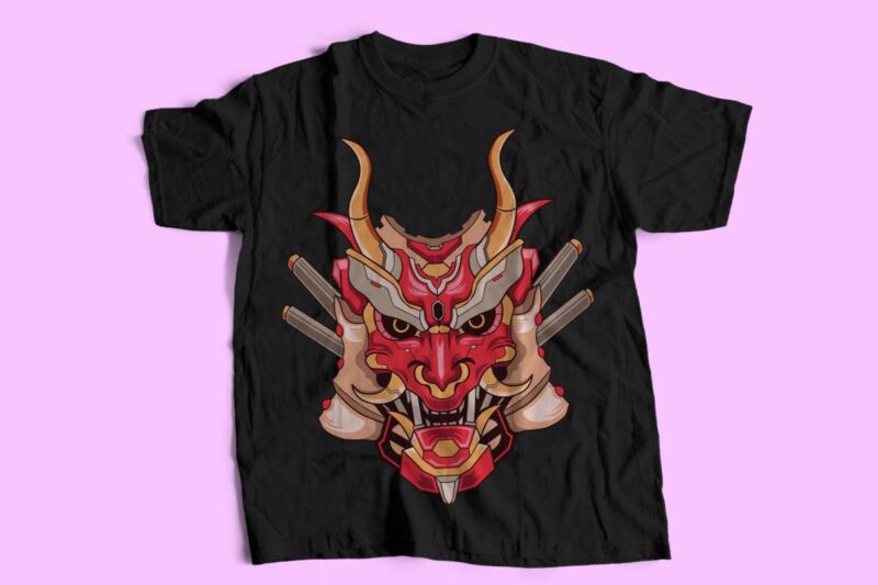 Oni Mask Mecha Japan Culture Vector T-shirt Designs Bundle, Hannya Mask Robot Artwork illustration t shirt design for commercial use