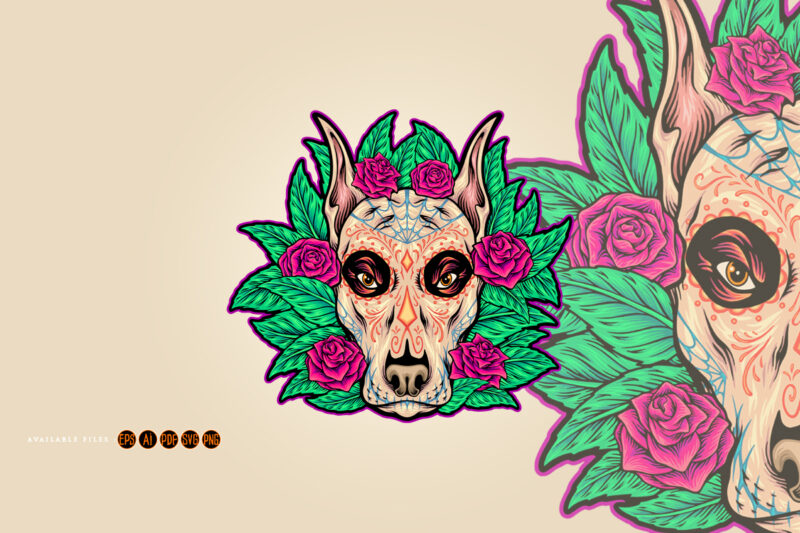 Dia de los muertos dog head with floral ornament