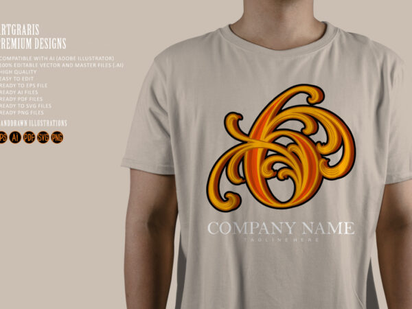 Beauty vintage elegant flourish gold number 6 monogram letter logo t shirt template