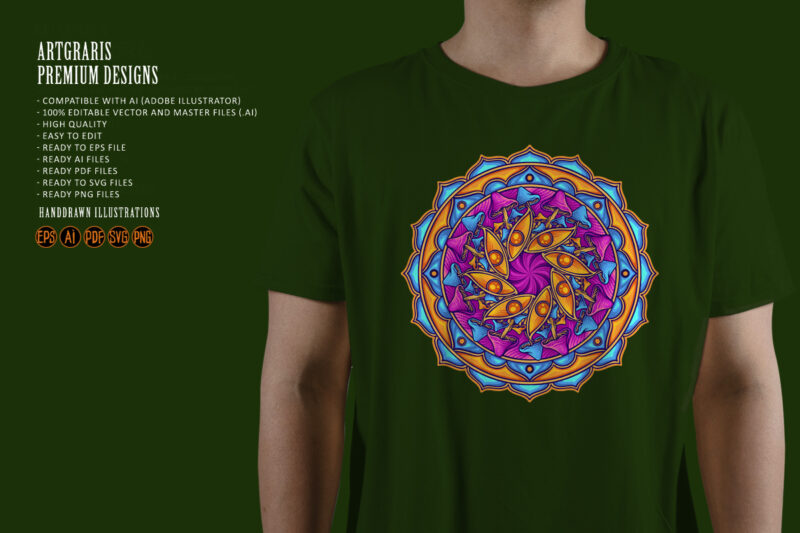 Vibrant magic psychedelic mushroom mandala ornament