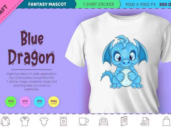 Blue cartoon dragon. fantasy clipart. t shirt template