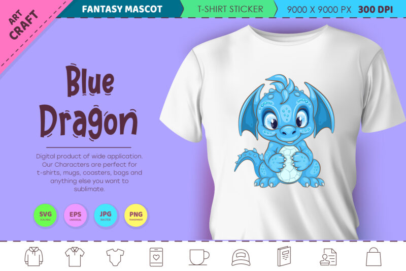 Blue cartoon Dragon. Fantasy clipart.
