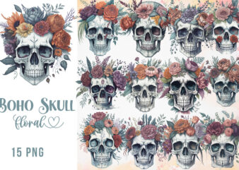 Boho Skull Floral Watercolor Clipart