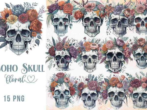 Boho skull floral watercolor clipart t shirt template