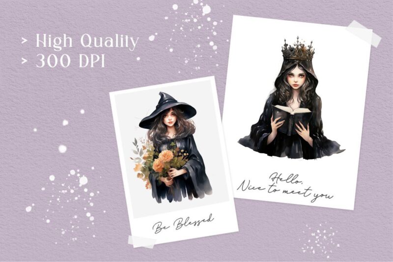 Halloween Gothic Witch Girls PNG Watercolor Clipart Bundle, Mystic Magical Girls Sublimation Designs, Halloween Witch T-shirt Designs PNG