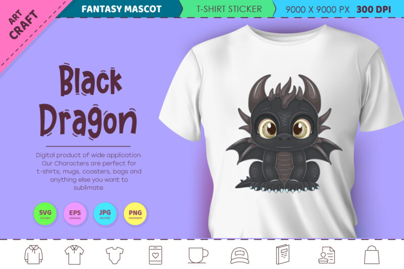 Cartoon black dragon. Fantasy clipart.