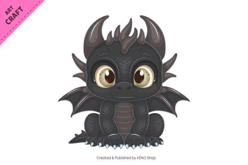 Cartoon black dragon. Fantasy clipart.
