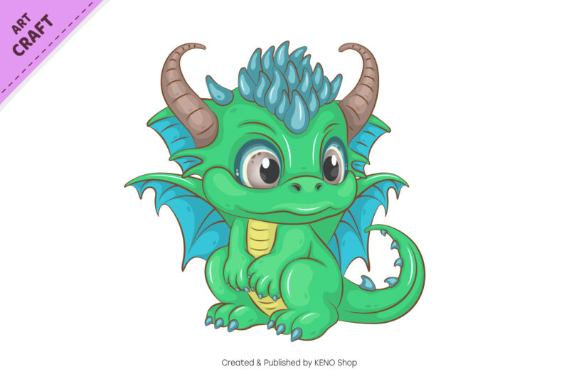 Cartoon green dragon. Fantasy clipart.