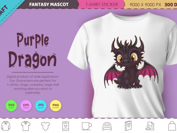 Cartoon purple dragon. fantasy clipart. t shirt vector file