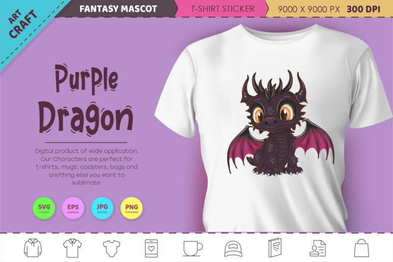 Cartoon purple dragon. Fantasy clipart.