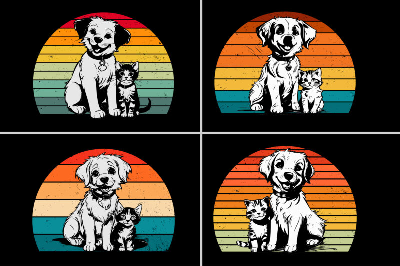 Cat Dog Retro Vintage Sunset T-Shirt Graphic