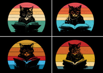 Cat Reading Book Retro Sunset T-Shirt Graphic