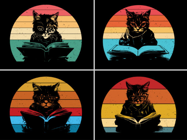 Cat reading book retro sunset t-shirt graphic