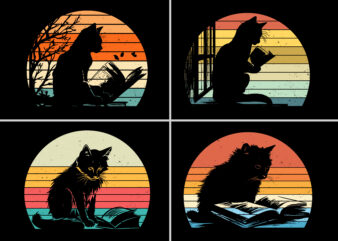 Cat Reading Book Retro Vintage Sunset T-Shirt Graphic