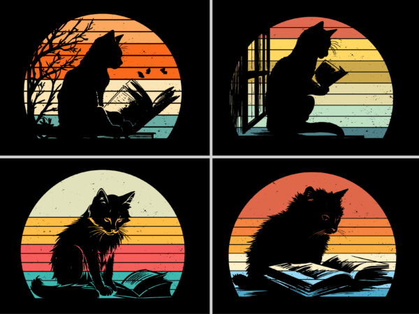 Cat reading book retro vintage sunset t-shirt graphic