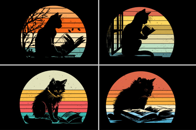 Cat Reading Book Retro Vintage Sunset T-Shirt Graphic