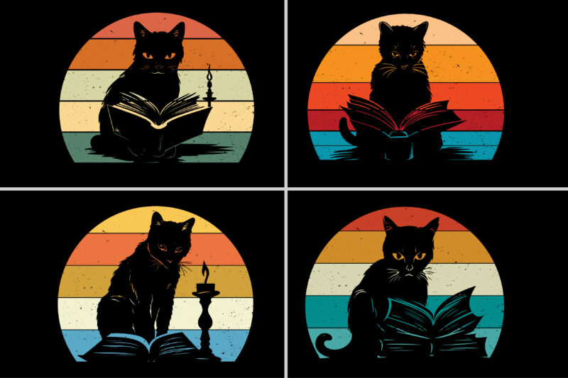 Retro Vintage Sunset Cat Reading Book T-Shirt Graphic