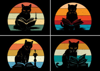 Retro Vintage Sunset Cat Reading Book T-Shirt Graphic