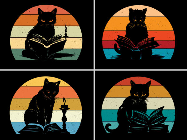 Retro vintage sunset cat reading book t-shirt graphic