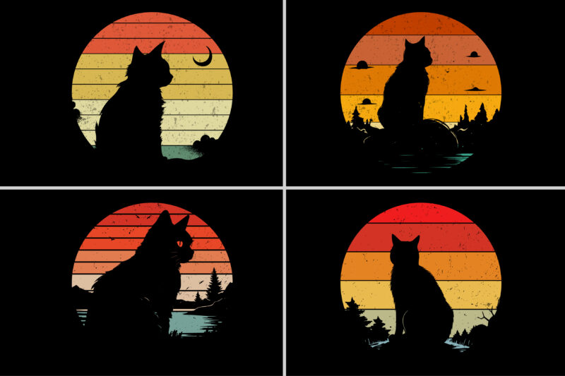Cat Sunset Vintage T-Shirt Graphic