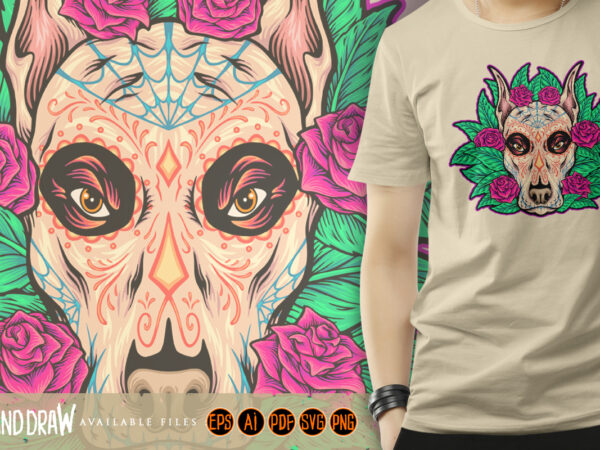 Dia de los muertos dog head with floral ornament t shirt vector illustration