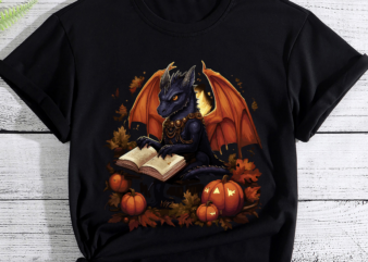 Dragon Reading Books Pumpkin Autumn Teachers Halloween PC t shirt vector illustration