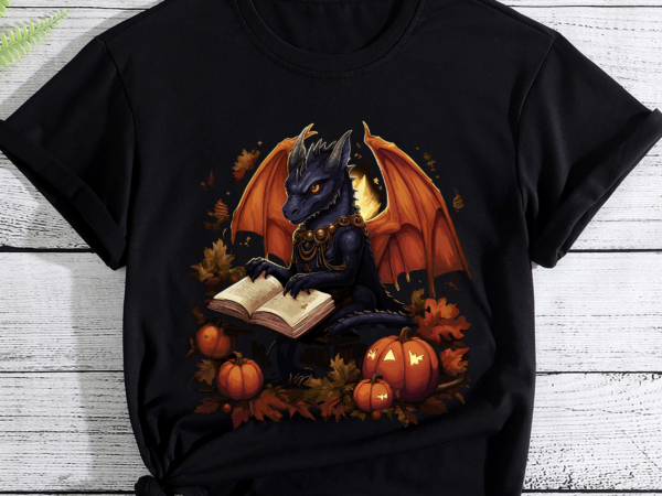 Dragon reading books pumpkin autumn teachers halloween pc t shirt vector illustration
