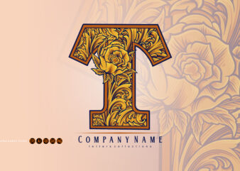 Engraved monogram T with floral letter detail vector clipart