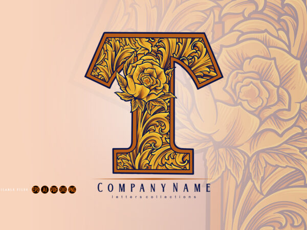 Engraved monogram t with floral letter detail vector clipart