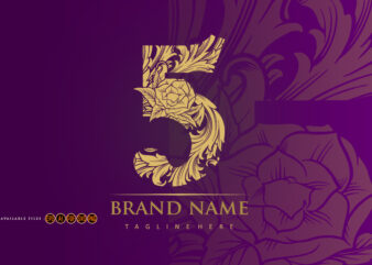 Engraved monogram number 5 with vintage floral design