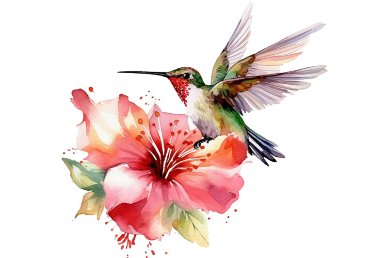 Fairy Hummingbird with flower Watercolor Clipart