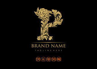 Flourish style elegant gold engraved P monogram letter logo