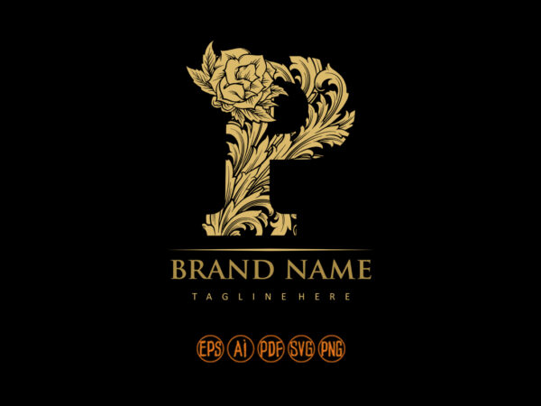 Flourish style elegant gold engraved p monogram letter logo t shirt graphic design