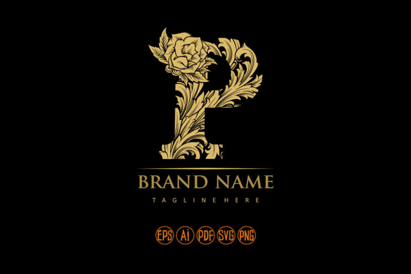Flourish style elegant gold engraved P monogram letter logo