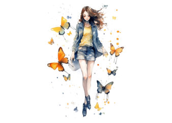 Girl and Butterflies Watercolor Clipart t shirt design template