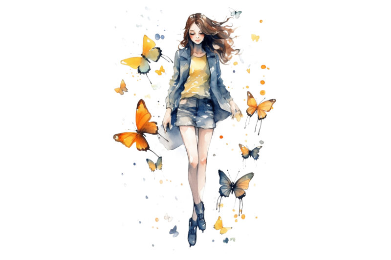 Girl and Butterflies Watercolor Clipart