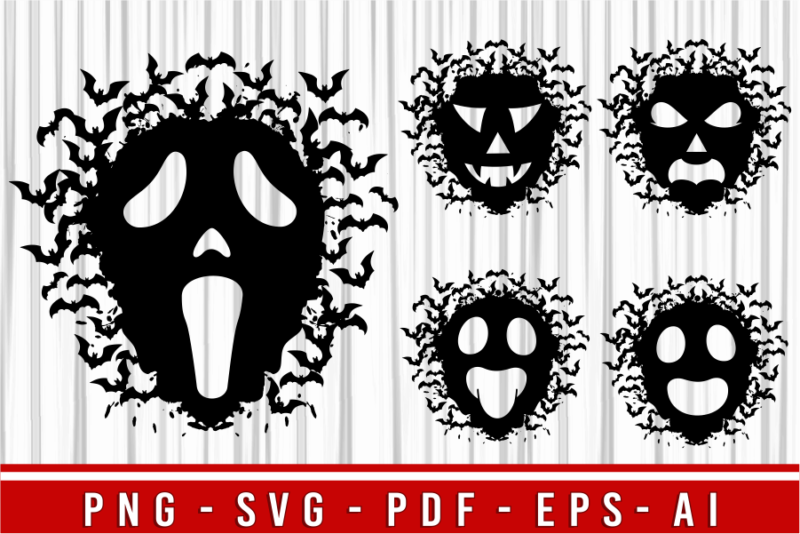 Halloween T shirt Design Vector Bundle, Spooky Face in The Cloud With Flying Bats SVG