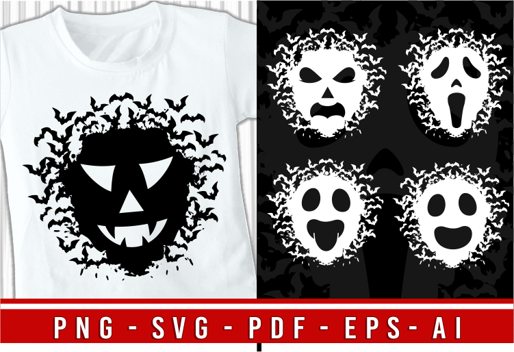 Halloween T shirt Design Vector Bundle, Spooky Face in The Cloud With Flying Bats SVG