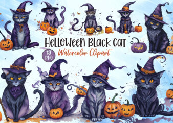 Helloween Black Cat Watercolor Clipart
