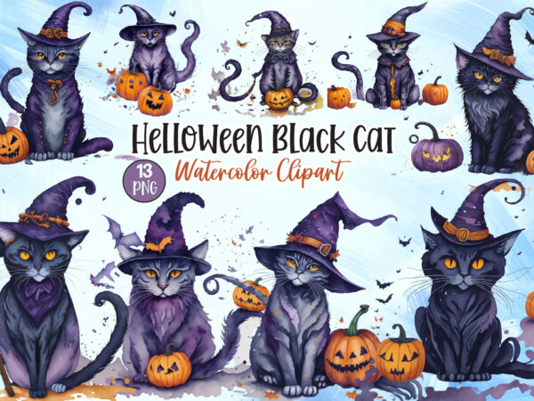 Helloween black cat watercolor clipart graphic t shirt