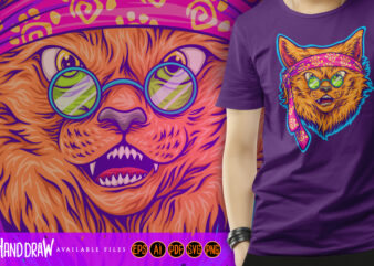Hippie funky cat with sunglass graphic t shirt