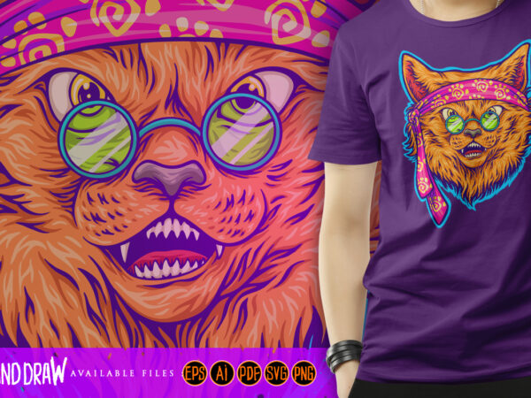 Hippie funky cat with sunglass graphic t shirt