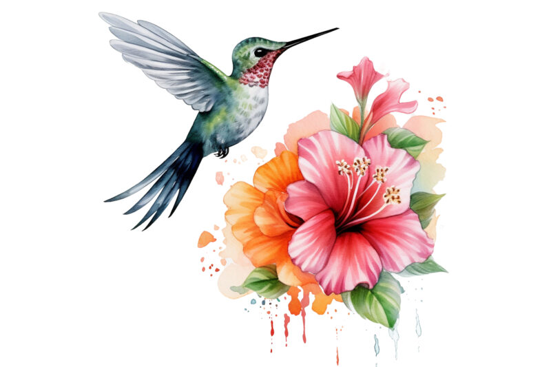 Hummingbird Flower Watercolor Clipart